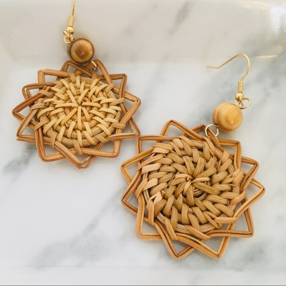 Wicker Rattan Wood Bead Geometric Drop Earrings - Picture 4 of 7